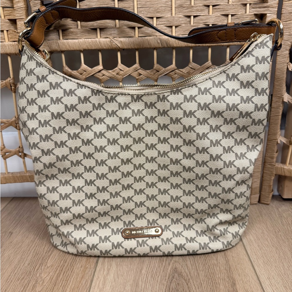 Michael Kors Beige and Brown MK Logo Shoulder Bag